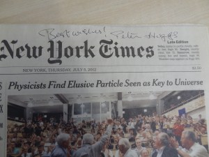 Signed copy of the front page of the New York Times from the day after the Higgs boson announcement, July 2012.