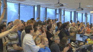 Applause in the ATLAS Control Room for 13 TeV collisions! By Emma Ward.